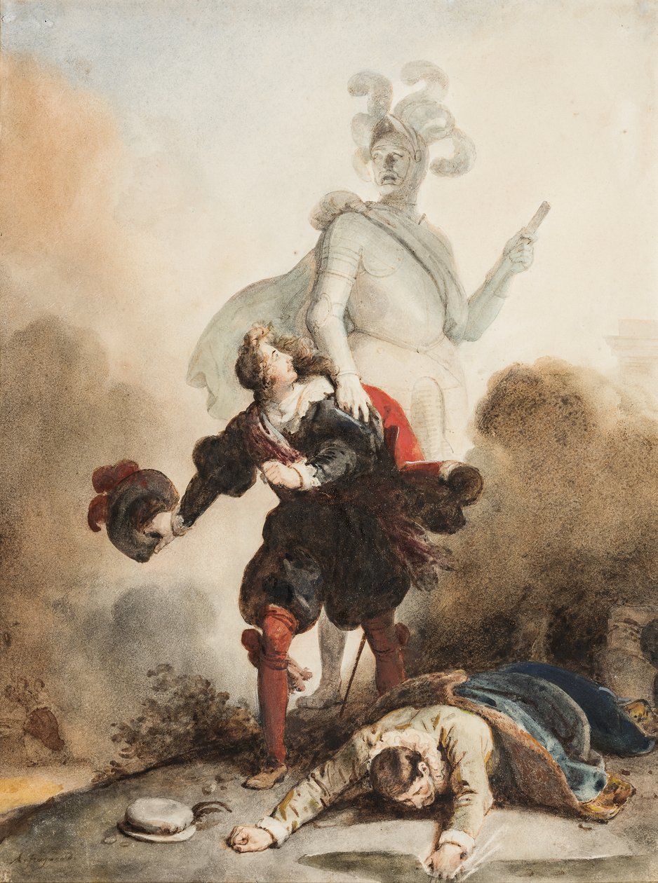 Don Juan et Leporello rencontrent la statue du Commandeur au cimetière (grafit, toll és barna tinta akvarellel papíron, gumiarábikummal kiemelve) alkotó: Alexandre Evariste Fragonard