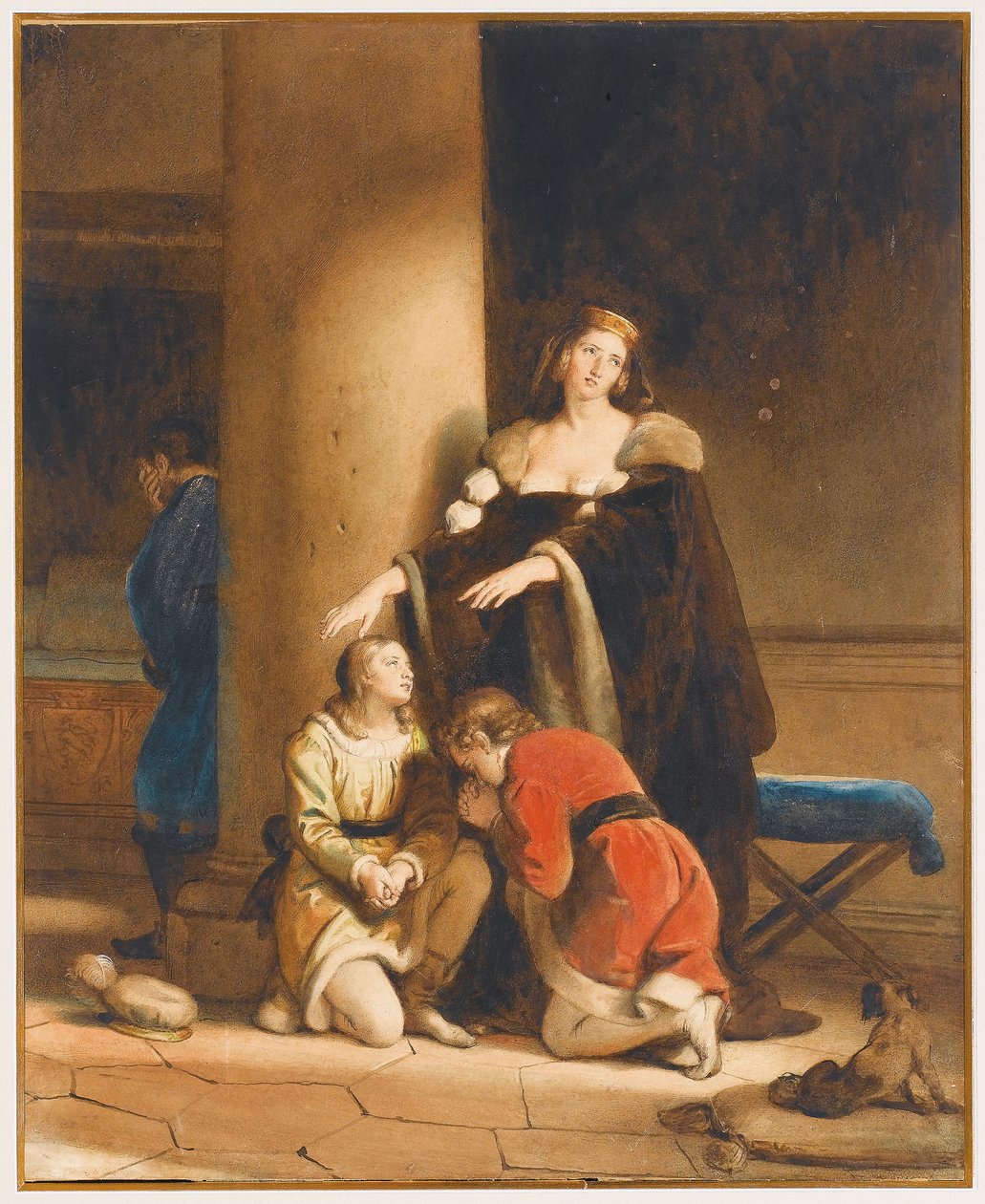 Elisabeth Woodville, angol királynő búcsúzik fiaitól, V. Edwardtól és Richard York hercegétől, egy gyászoló férfival az oszlop mögött alkotó: Alexandre Evariste Fragonard