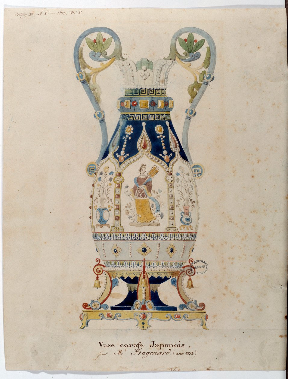 Alexandre Evariste Fragonard (1780-1850) japán kancsóváza akvarellje, 1832 Sevres. Porcelán gyártás alkotó: Alexandre Evariste Fragonard