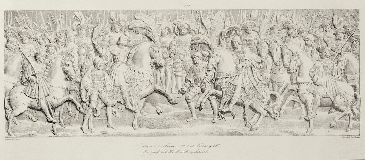 I. Francois és VIII. Henrik találkozása az Aranyszövet mezőjén, a Hotel de Bourgtheroulde, Rouen, Normandia faragott kő domborműve után, 1501-37, metszett Godefroy Engelmann (1788-183) alkotó: Alexandre Evariste Fragonard