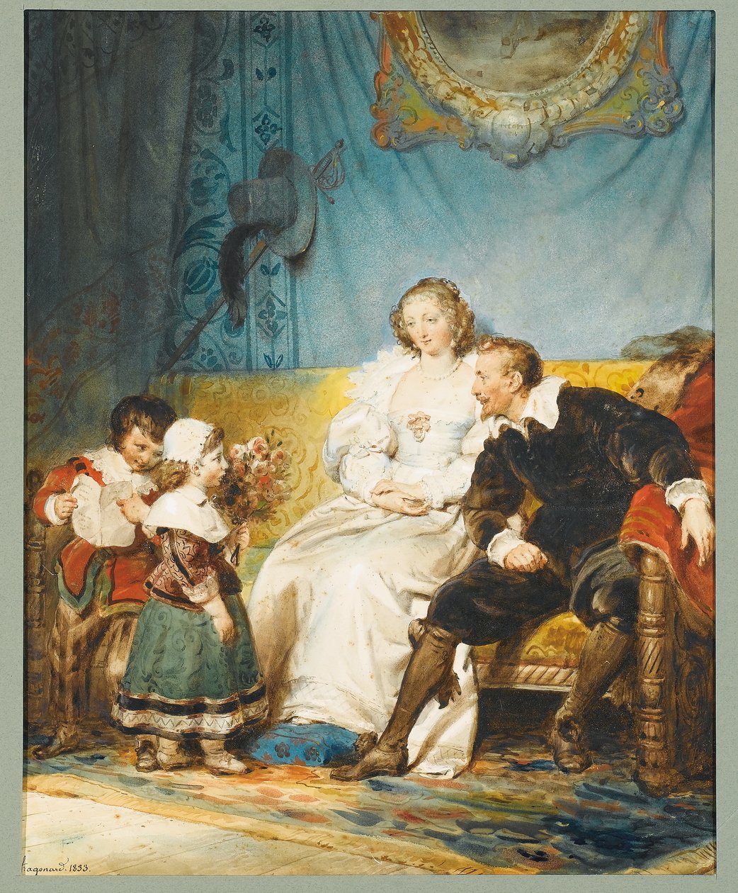 Rubens és Hélène Fourment ülve, Frans egy levéllel, Isabelle Hélène pedig egy csokor rózsát ad nekik alkotó: Alexandre Evariste Fragonard