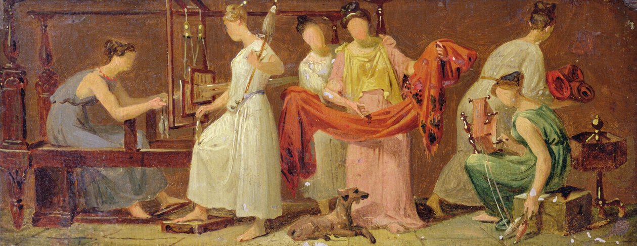 Hat nő szövés egy belső térben (olaj, papír lerakva a táblára) alkotó: Alexandre Evariste Fragonard