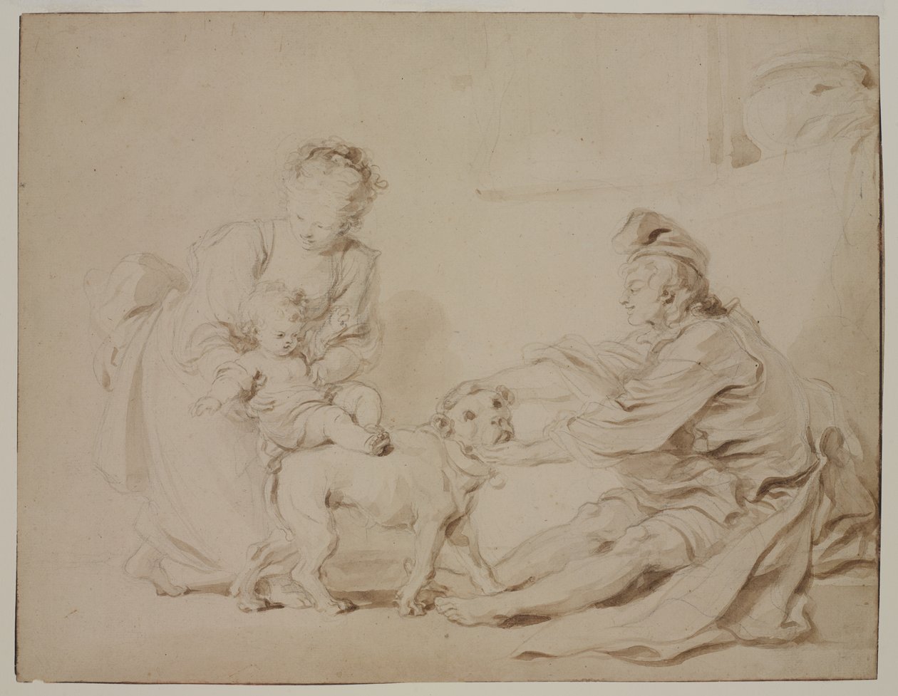 Az első lovaslecke (La première leçon déquitation), 1778 körül (grafit és barna mosás antik fektetett papíron) alkotó: Alexandre Evariste Fragonard