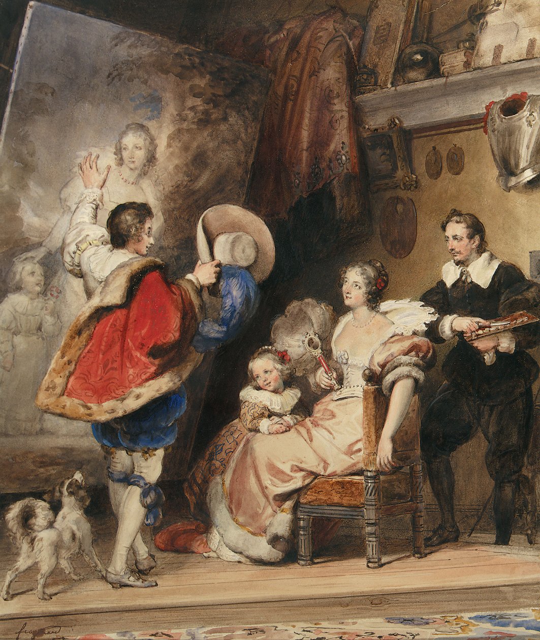 Fiatal férfi egy hölgy és a kislánya portréjában gyönyörködik alkotó: Alexandre Evariste Fragonard