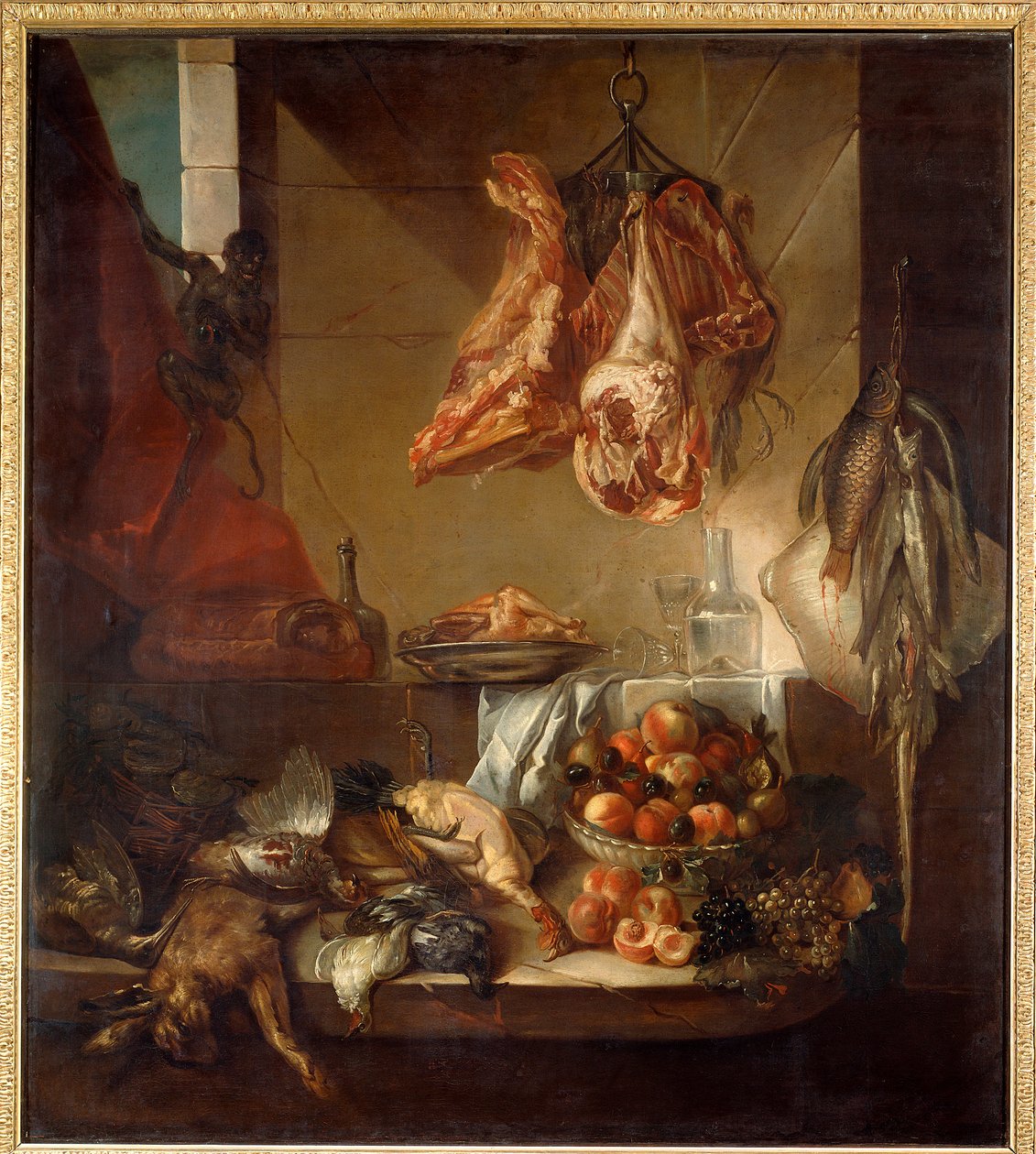 Konyhai belső csendélet vadból, gyümölcsből és húsból. Francois Desportes (1661-1743) festménye 18. századi Chalons sur Marne, Musee des Beaux Arts alkotó: Alexandre Francois Desportes