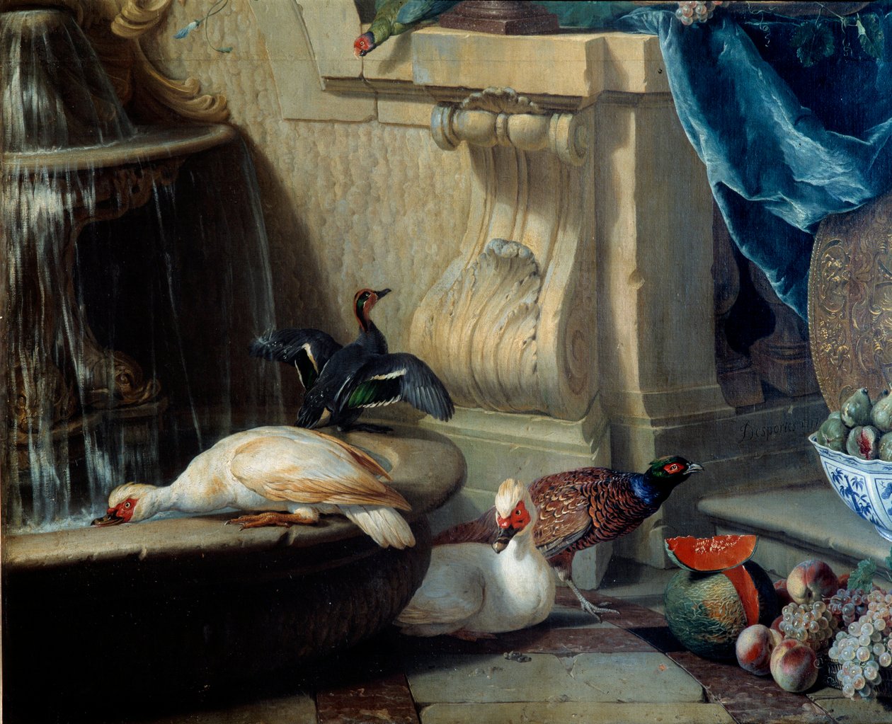 Kacsa, fácán, gyümölcs egy szökőkút közelében részlet. Francois Desportes (1661-1743) festménye 18. századi Lyon, Musee des Beaux Arts alkotó: Alexandre Francois Desportes