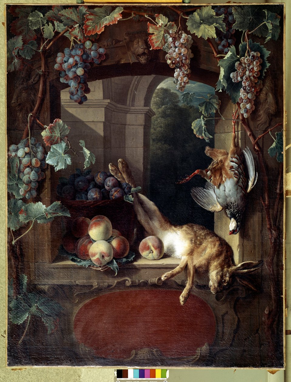 Csendélet a rácsnál Szőlő, peches és vad (nyúl, döglött madár) Francois Desportes festménye (1661-1743) 18. század V. 1,17x0,88 m Lyon, Musee des Beaux Arts alkotó: Alexandre Francois Desportes