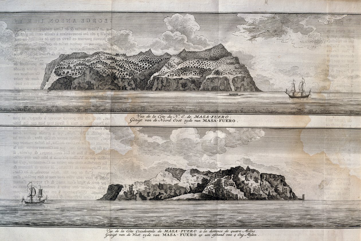 Kilátás az Alejandro Selkirk-szigetre vagy a Mas Afuera-szigetre, Juan Fernandez-szigetcsoport, Chile, metszet alkotó: Nicolas Toussaint Charlet