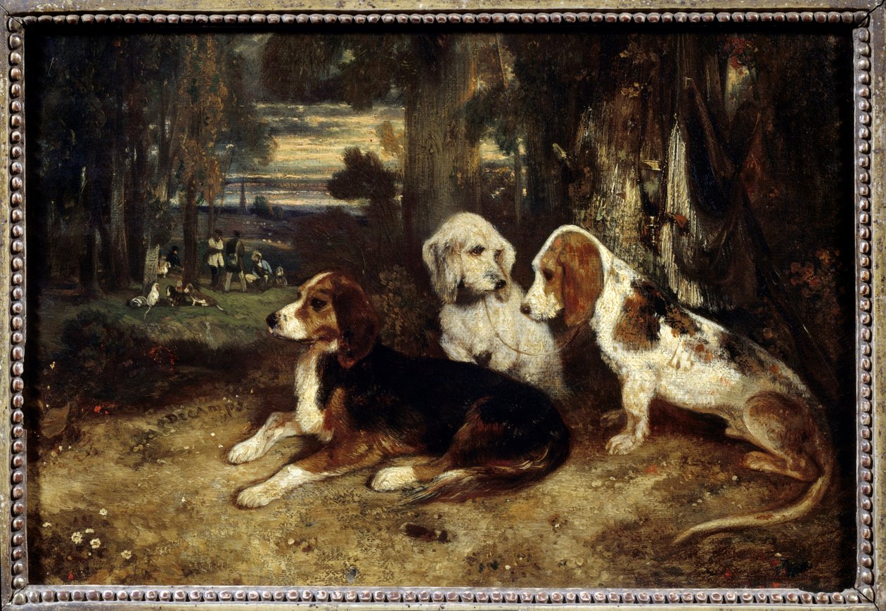 Nyugalomban lévő vadászkutyák Alexandre Gabriel Decamps (1803-1860) festménye 1839 V. 0,26x0,37 m Párizs, Musee du Louvre. alkotó: Alexandre Gabriel Decamps