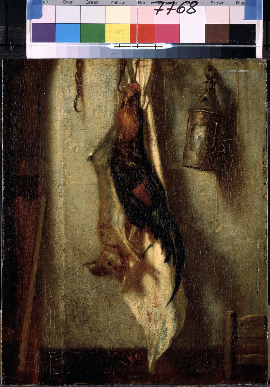 ""kakas és nyúl csendélet, horgon függő, lámpás"" Alexandre-Gabriel Decamps (Alexandre Gabriel) festménye (1803-1860) 19. század Méret: 28x24 cm Ermitázs Múzeum, Szentpétervár (Szentpétervár) alkotó: Alexandre Gabriel Decamps