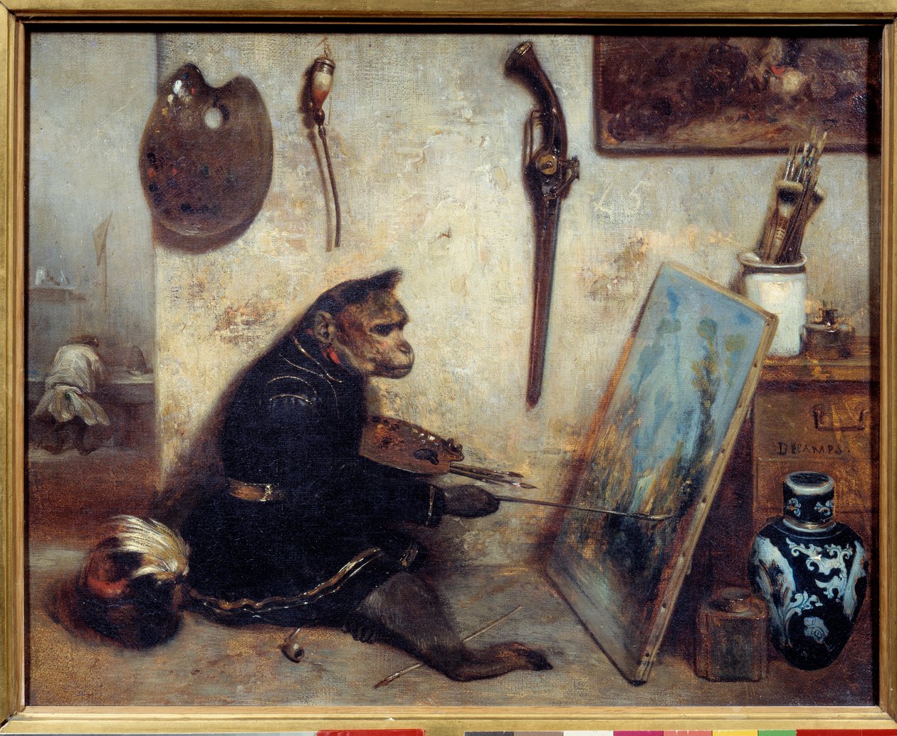 Alexandre Gabriel Decamps (1803-1860) A majomfestő festménye 1833 V. 0,32x0,4 m . - A majomfestő. Alexandre Gabriel Decamps (1803-1860) festménye alkotó: Alexandre Gabriel Decamps