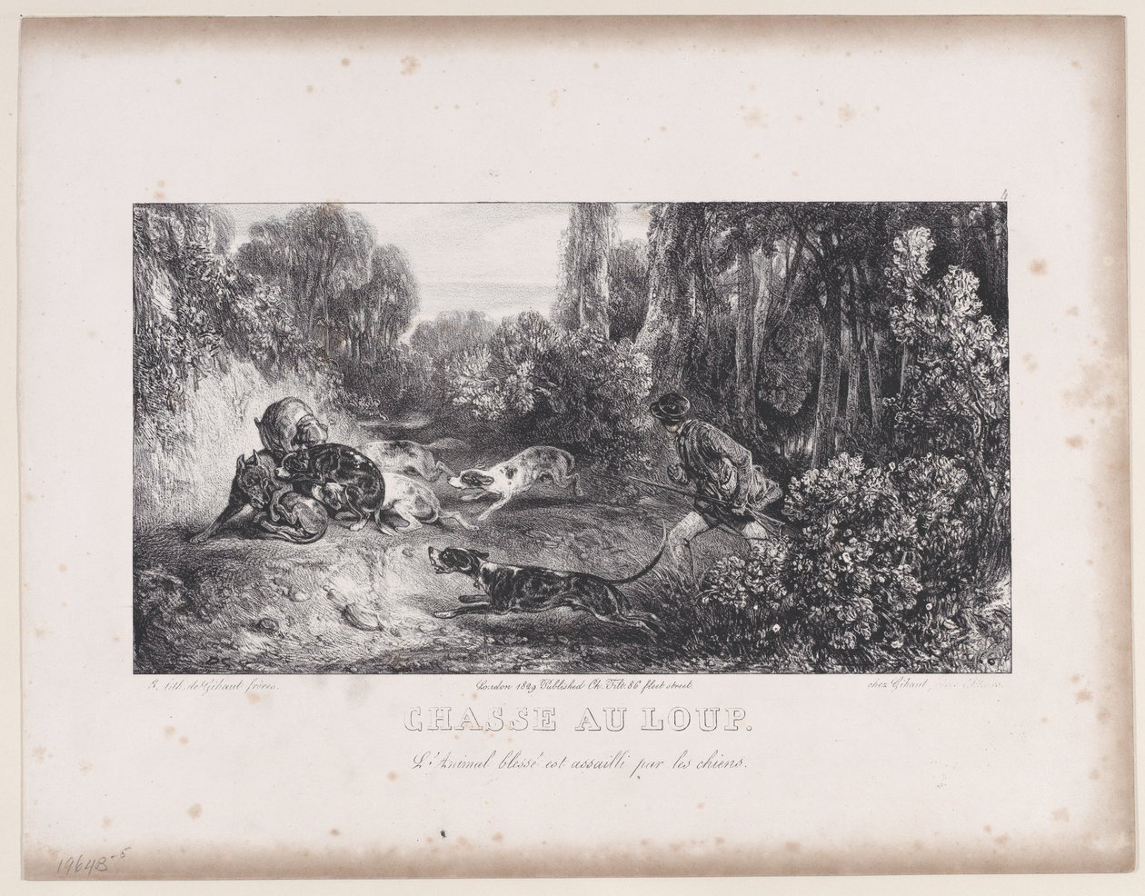 Wolf Hunt: Wounded Animal Attacked by Dogs, a Vadászjelenetek című sorozatból, 1829. alkotó: Alexandre Gabriel Decamps