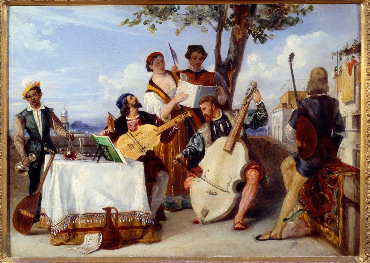 A velencei koncertzenészeket (cselló, lant, hegedű) és énekeseket a teraszon egy fekete szolga szolgálja ki. Alexandre Hesse (1806-1879) festménye, 19. századi Nantes, Szépművészeti Múzeum alkotó: Alexandre Jean Baptiste Hesse