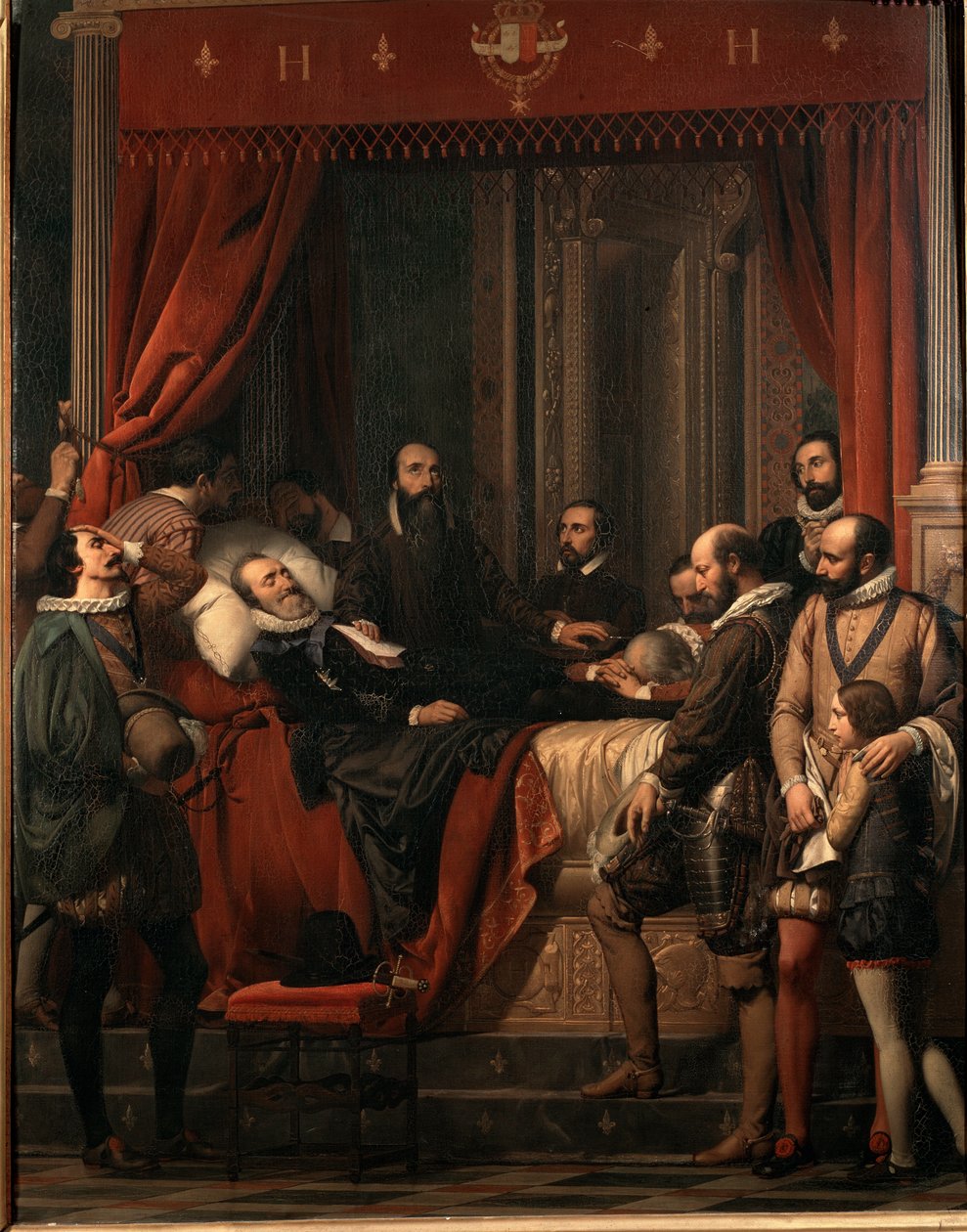 Henrik francia király halála, holttestét Alexandre Hesse (1806-1879) Louvre-festménye mutatja be. alkotó: Alexandre Jean Baptiste Hesse