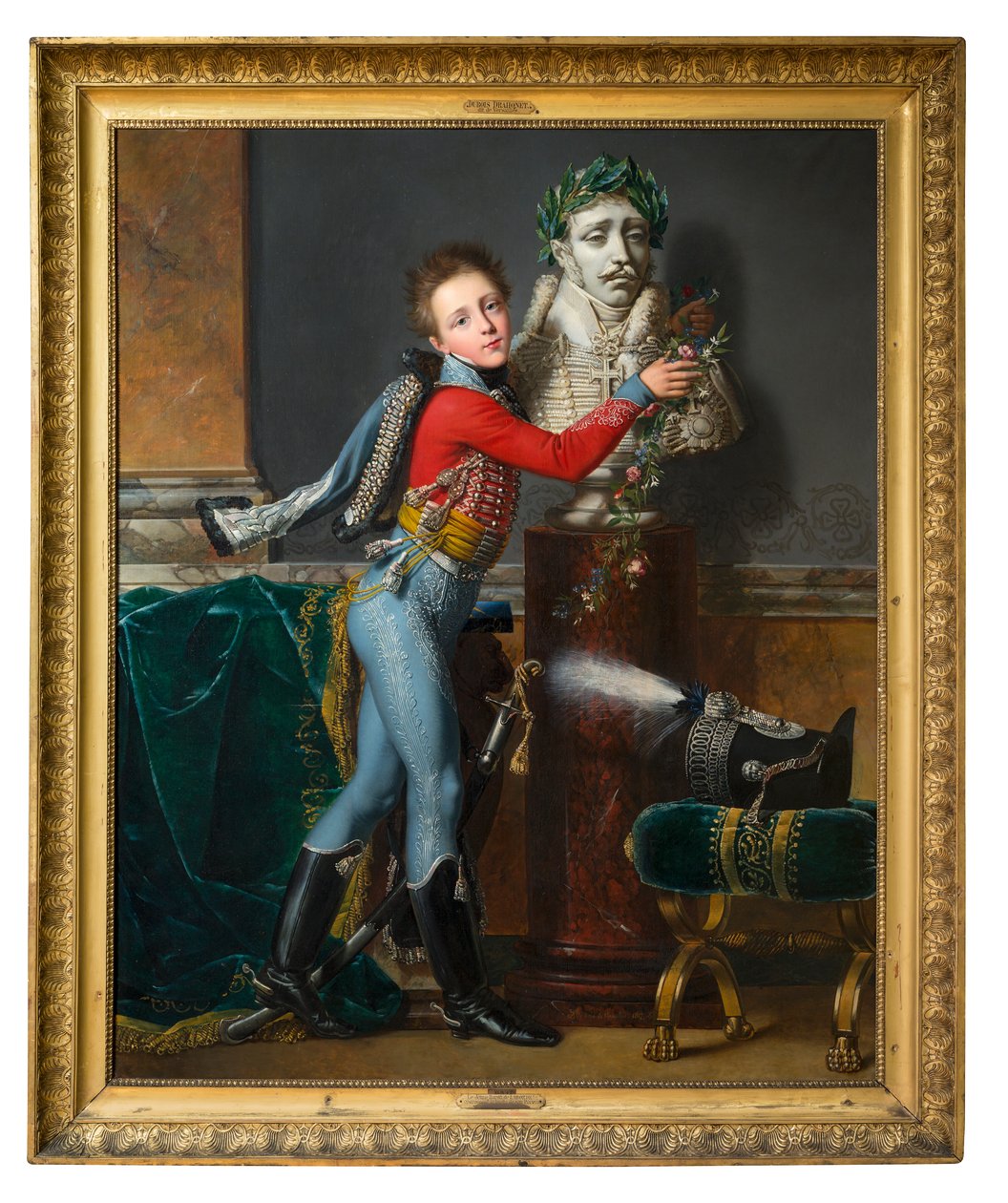 A fiatal vicomte de Laborde halott apja mellszobrával Wagramban alkotó: Alexandre Jean Dubois Drahonet