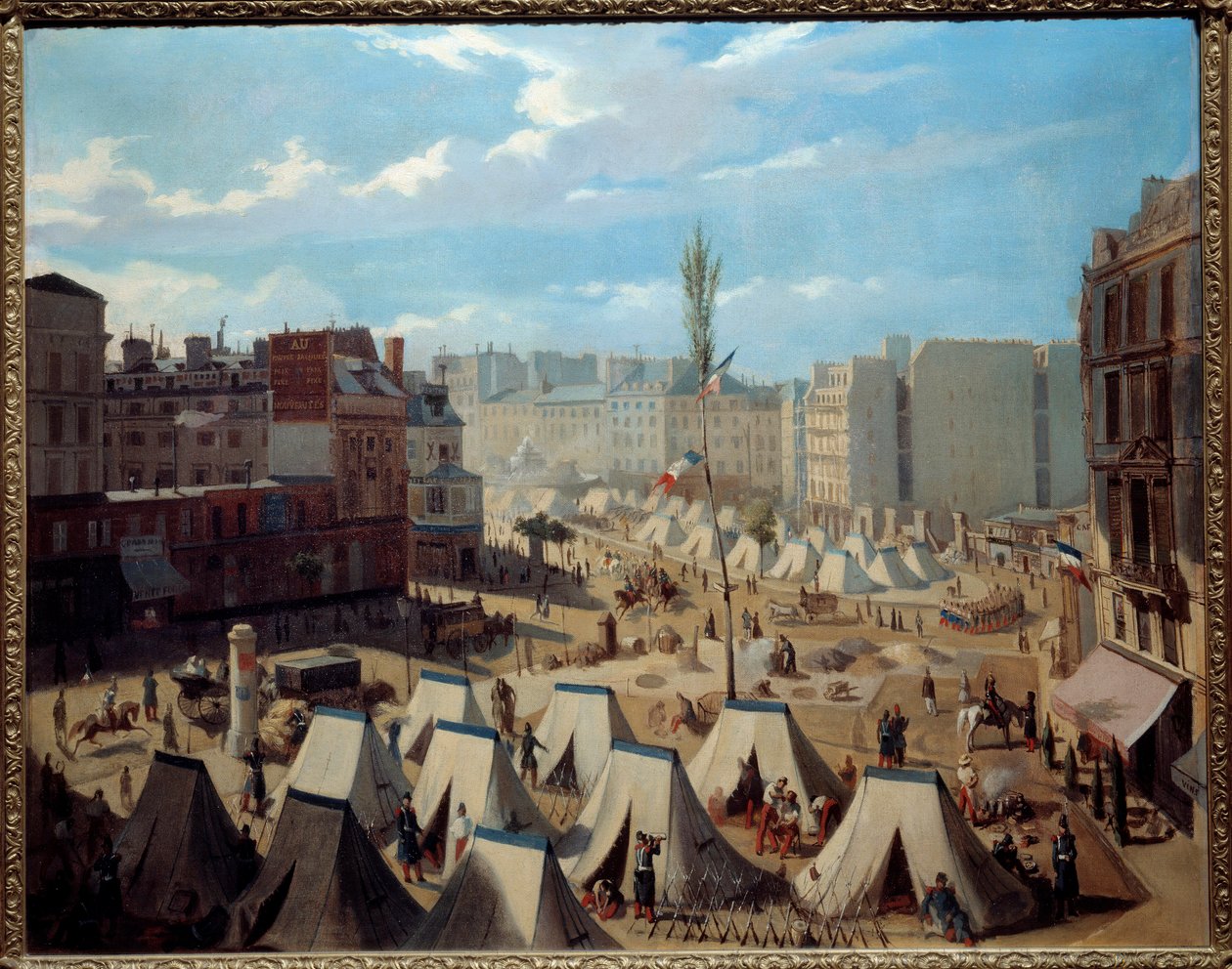 Csapattábor a Boulevard du Temple-n 1848. június napjaiban. Párizs látképe az 1848-as forradalom idején. Alexandre Josquin festménye (XIX. század). Olajfestmény. Mérete: 0,64 x 0,81 m. Párizs, Musee Carnavalet – csapatok táborozása a körúton alkotó: Alexandre Josquin