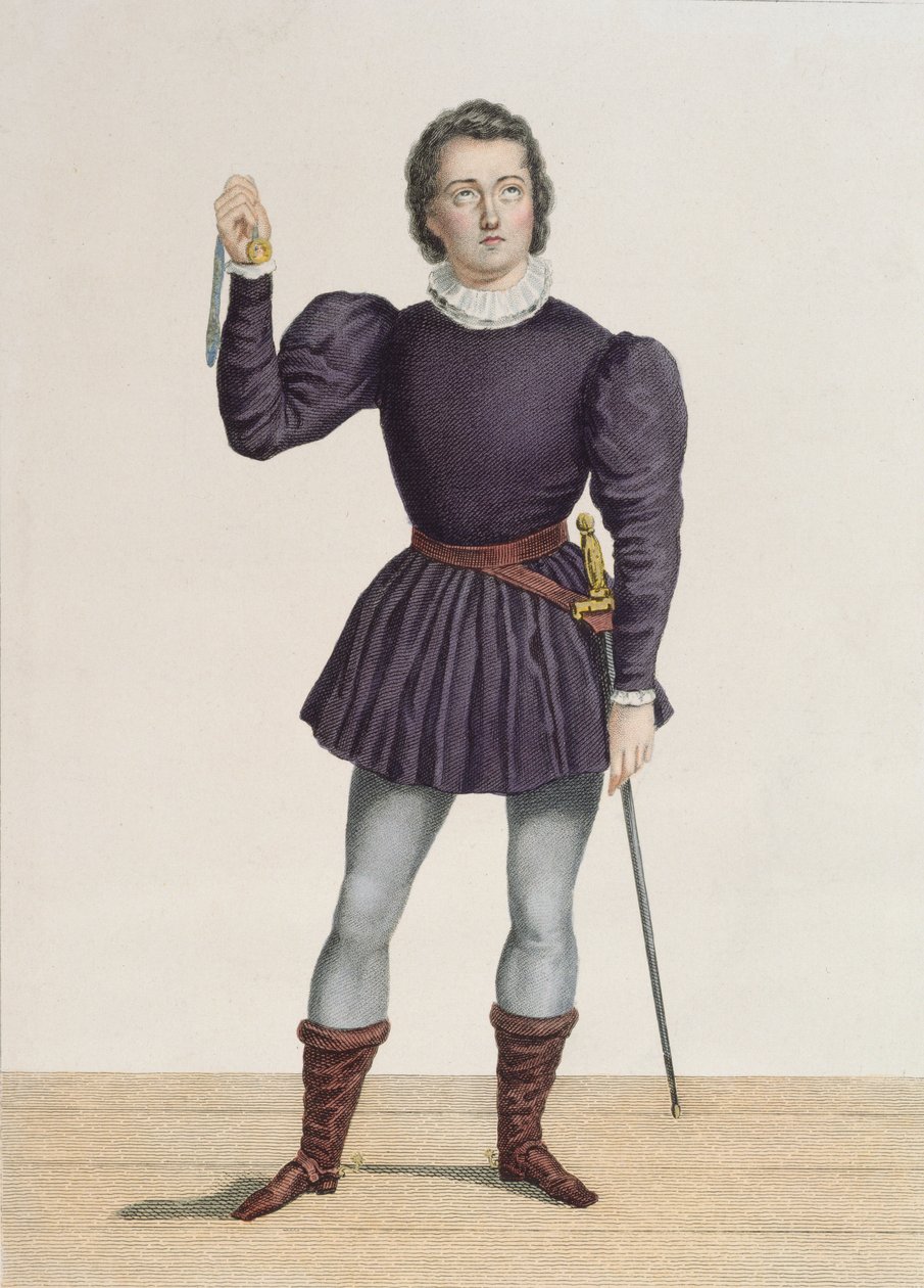 Frederick Lemaitre (1800-76) mint Edgard Walter Scott (1771-1832) "La Fiancee de Lammermoor"-jában a Theatre de la Porte Saint-Martin színházban (színes metszet). alkotó: Alexandre Lacauchie