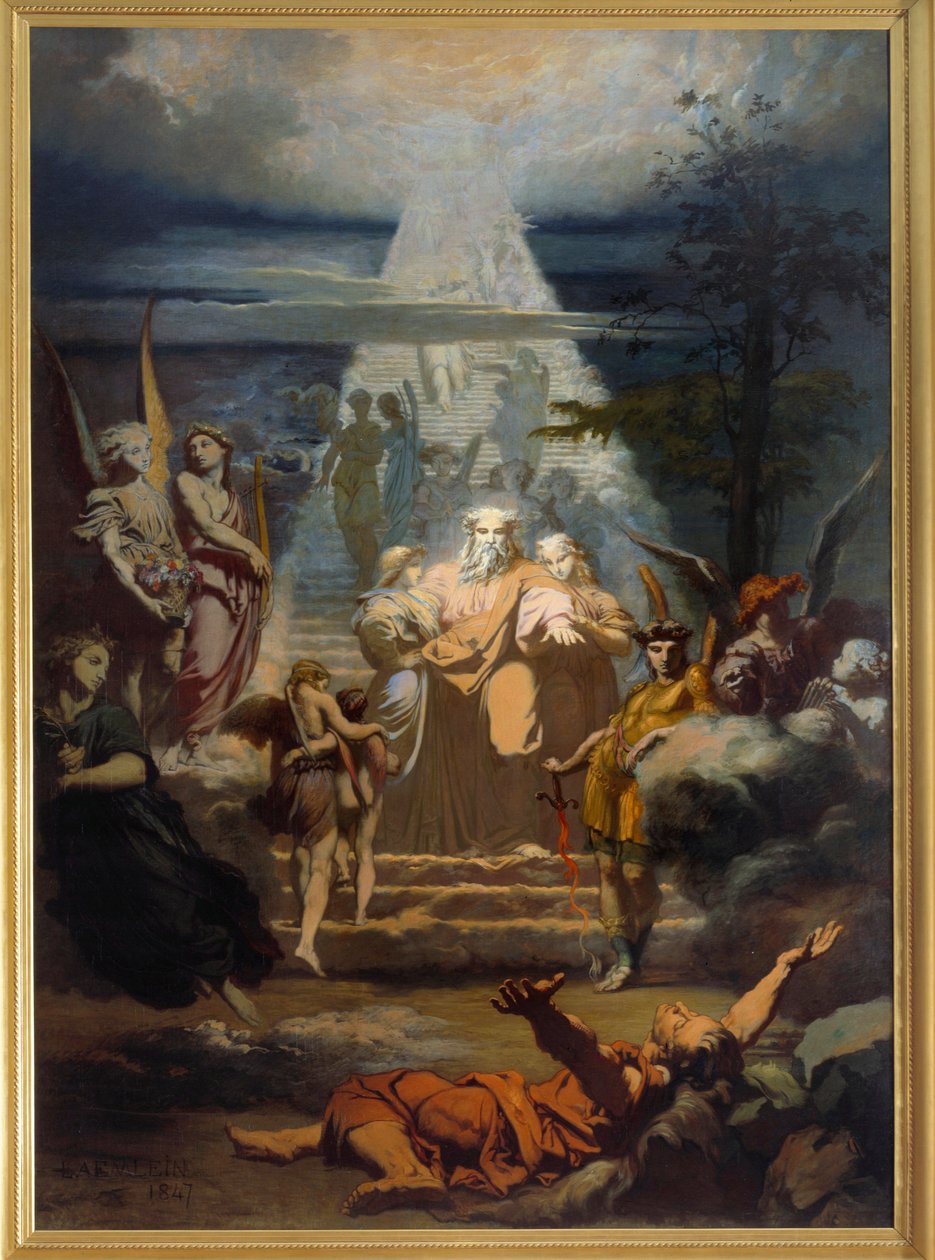 Jákob Jákob létrája, miután elhagyta földjét, elaludt, és nagy léptéket álmodott. Alexandre Laemlein (1813-1871) festménye alkotó: Alexandre Laemlein