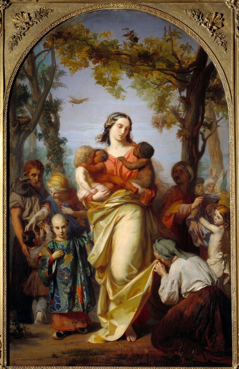 Egyetemes Jótékonyság. A Jótékonyság megszemélyesítése, aki karjában tartja a világ különböző népeit. Alexandre Laemlein (1813-1871) festménye alkotó: Alexandre Laemlein