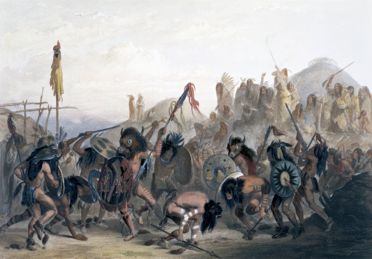 "A mandán indiánok bölénytánca a Mih-Tutta-Hankush-i Gyógyházuk előtt", 1843 alkotó: Alexandre Manceau