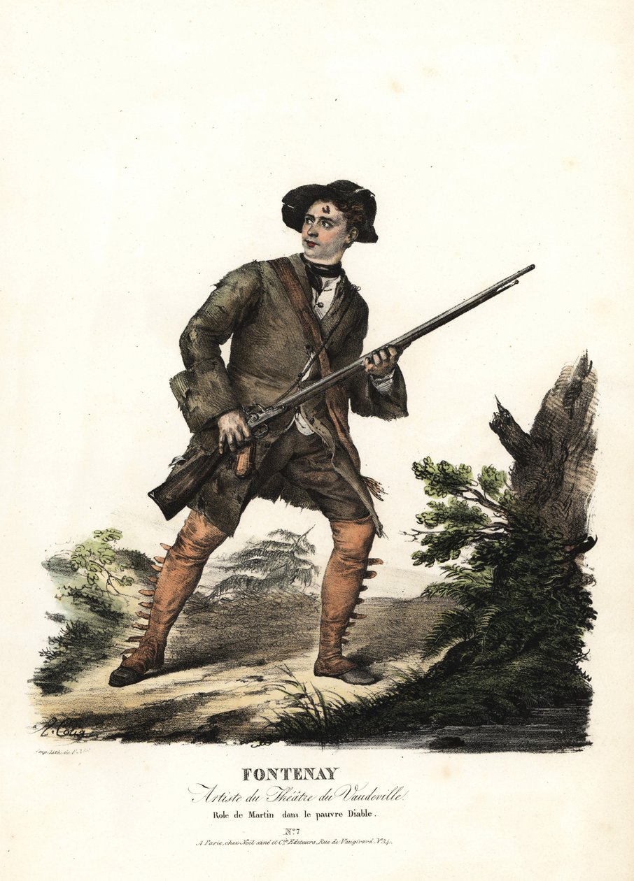Jean-Baptiste Fontenay és Martin Balisson és Dumersan Le Poor Diable című filmjében, Theater du Vaudeville. F. Noel kézzel színezett litográfiája Alexandre-Marie Colin illusztrációja nyomán különböző szerepekben játszó színésznők portréiból, F. Noel, Páriz alkotó: Alexandre Marie Colin