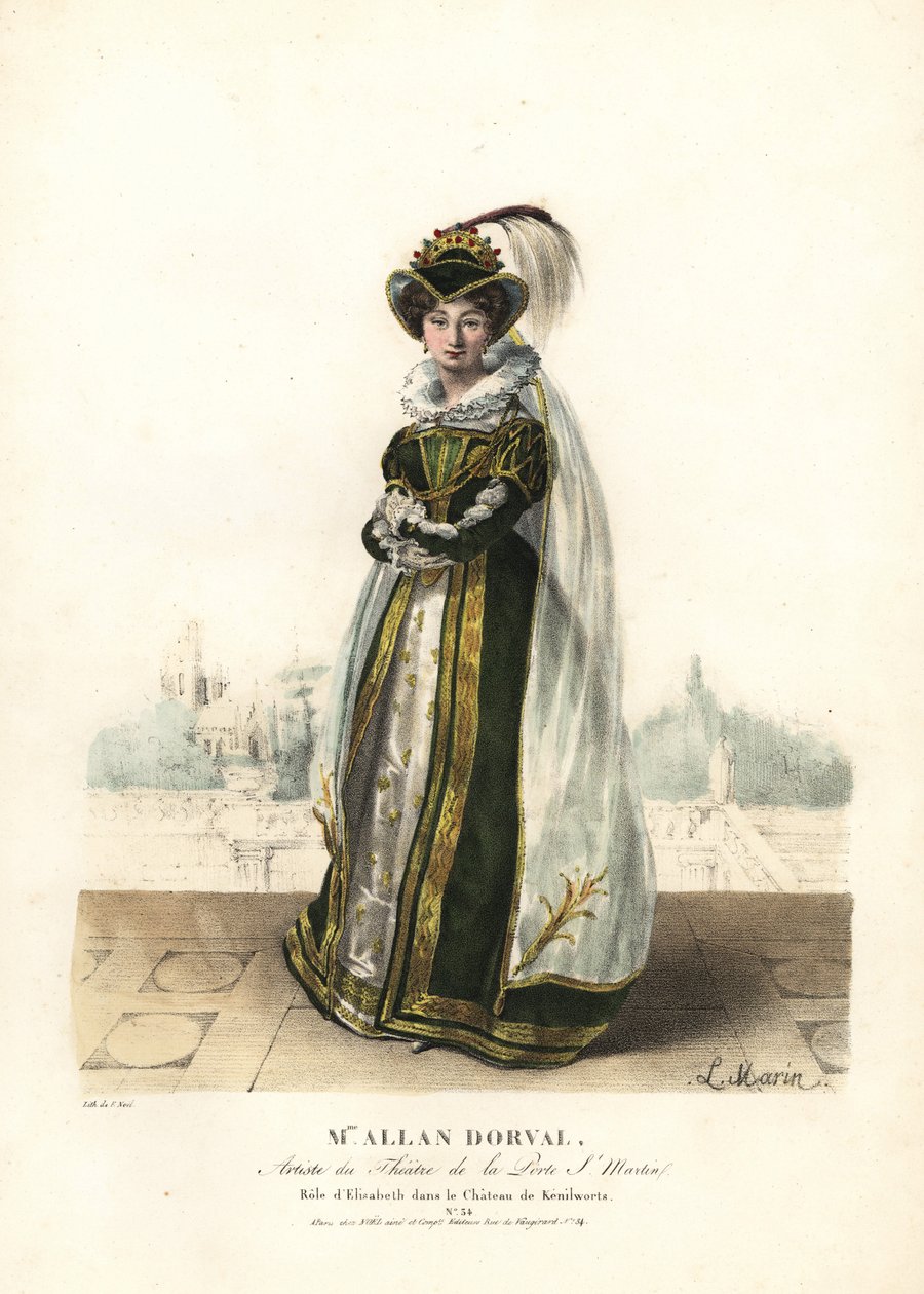 Marie Dorval vagy Madame Allan Dorval Erzsébet királynő szerepében a Le Chateau de Kenilworthben, Jean-Baptiste Blache és Henri Lemaire, Theater de la Porte St. Martin alkotó: Alexandre Marie Colin