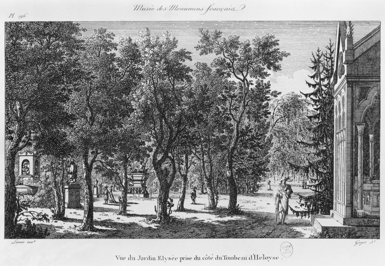 Musee des Monuments Francais, Párizs, kilátás a Jardin Elysee-re Heloise és Abelard sírjából, vésette Laurent Guyot (1756-1806) alkotó: Alexandre Marie Lenoir