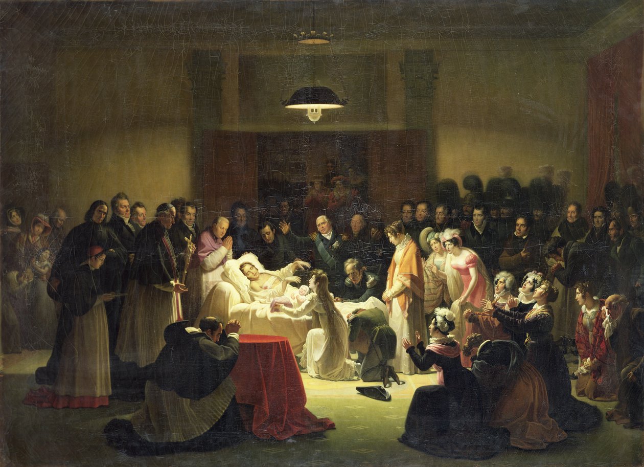 A francia Charles-Ferdinand (1778-1820) utolsó pillanatai a párizsi operaház adminisztrációs termében, 1820. február 14., 1828 körül alkotó: Alexandre Menjaud
