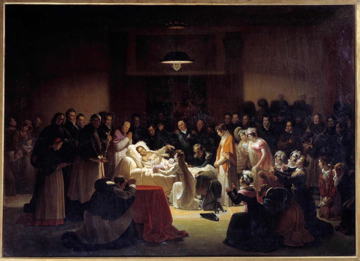 Berry hercegének (1778-1820) utolsó pillanatai a párizsi operában XVIII. Lajos és a királyi család által körülvéve. Alexandre Menjaud festménye (1773-1832) alkotó: Alexandre Menjaud