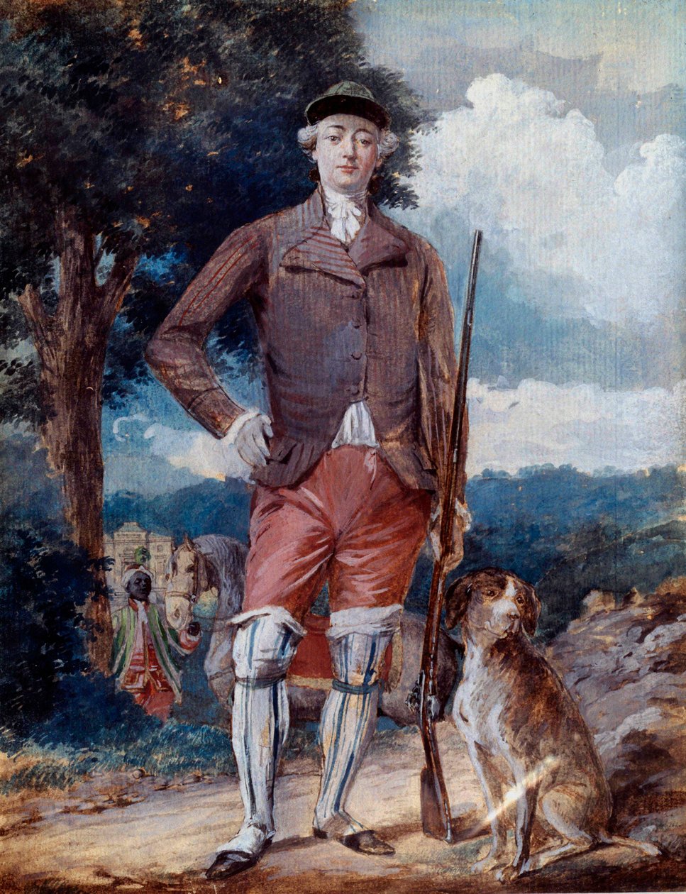 A francia Charles-Philippe (1757-1836), Artois grófja, a leendő X. Károly portréja lábán, vadászruhában Alexandre Moitte (1750-1828) akvarellje 18. századi Amiens, Musee de Picardie alkotó: Alexandre Moitte