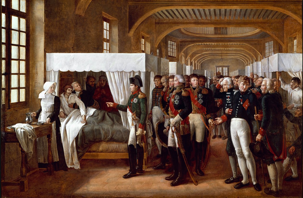 I. Napóleon császár (1769-1821), orvosok és tábornokok kíséretében (Marechal Jean Mathieu Philibert Serurier, az Invalidusok kormányzója, Louis Alexandre (Louis-Alexandre) Berthier és Joachim Murat, Gerard (Geraud) Christophe Michel Duroc, nagymarsall alkotó: Alexandre Veron Bellecourt