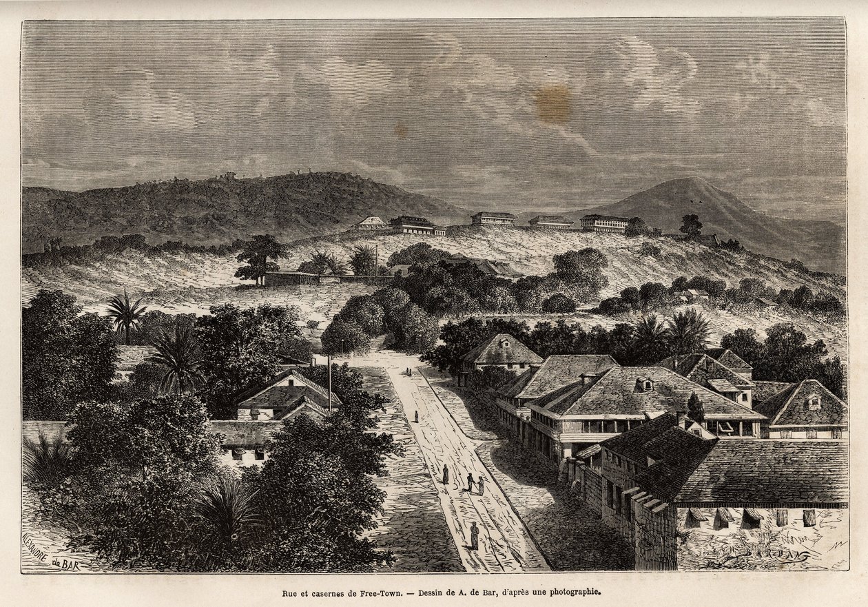 Rue et barracks de Freetown, Sierra Leone, metszet A. de Bar rajza után, amely a Côte d