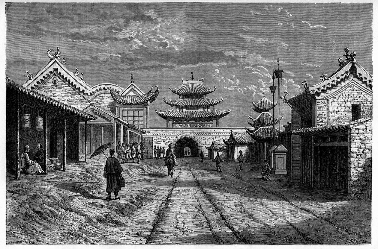 Kilátás az utcáról a "Youn Tchen Sian", Kína. Metszet A. de Bar rajza nyomán, a „Le Tour du Monde, Nouveau Journal des Voyages”-ben, szerkesztette Edouard Charton, Párizs alkotó: Alexandre de (after) Bar