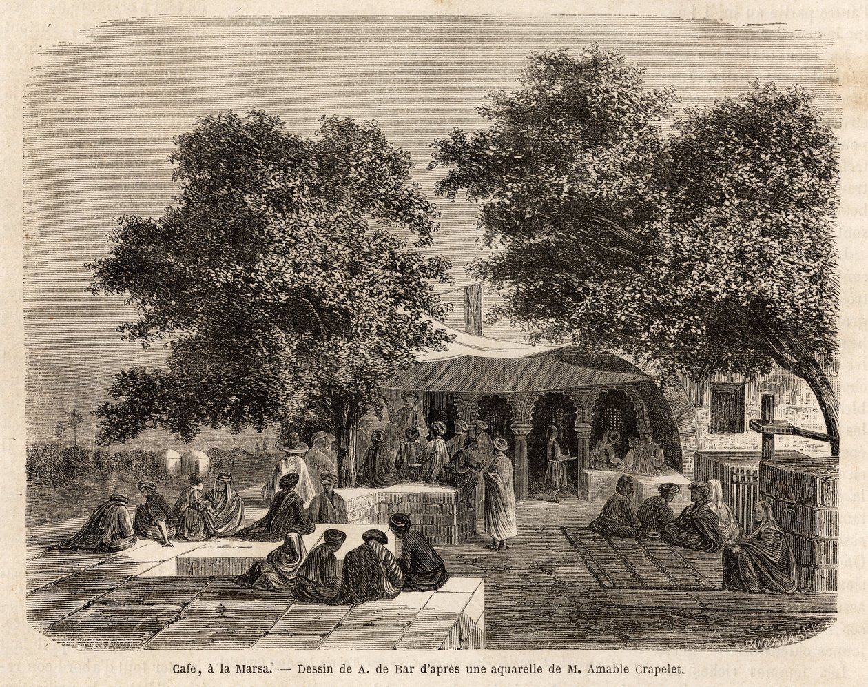 Egy La Marsa (Tunisz) kávézó képe, A.de Bar rajza, Amable Crapelet 1859-es tuniszi utazásának illusztrálására. Gravírozás a „Le tour du monde”-ban, szerkesztette Edouard Charton alkotó: Alexandre de (after) Bar