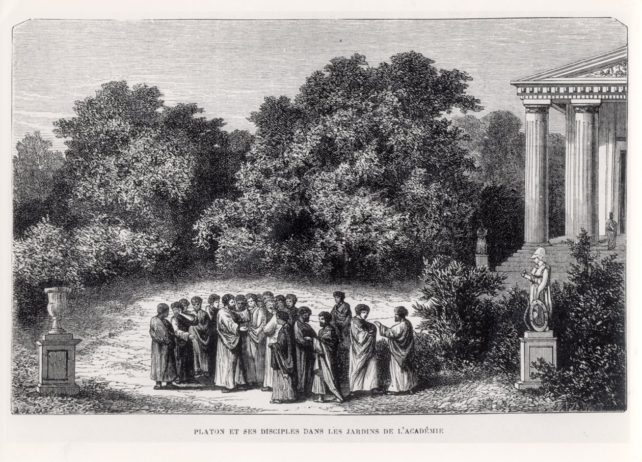Platón (Kr.e. 427-348 körül) és tanítványai az Akadémia kertjében, Louis Figuier "La Vie des Savants Illustres" című művéből, Laplante metszete, 1870 körül. alkotó: Alexandre de Bar