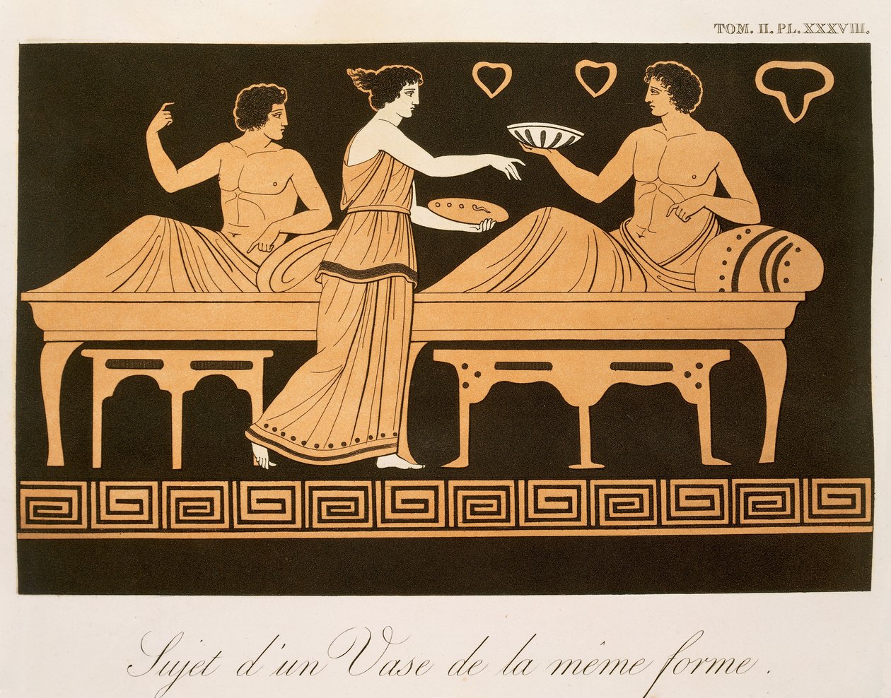 Bacchus bankettje, 38. táblázat a „Collection des Vases Grecs II. kötetből”, 1813-24 (színes litho) alkotó: Alexandre de Laborde