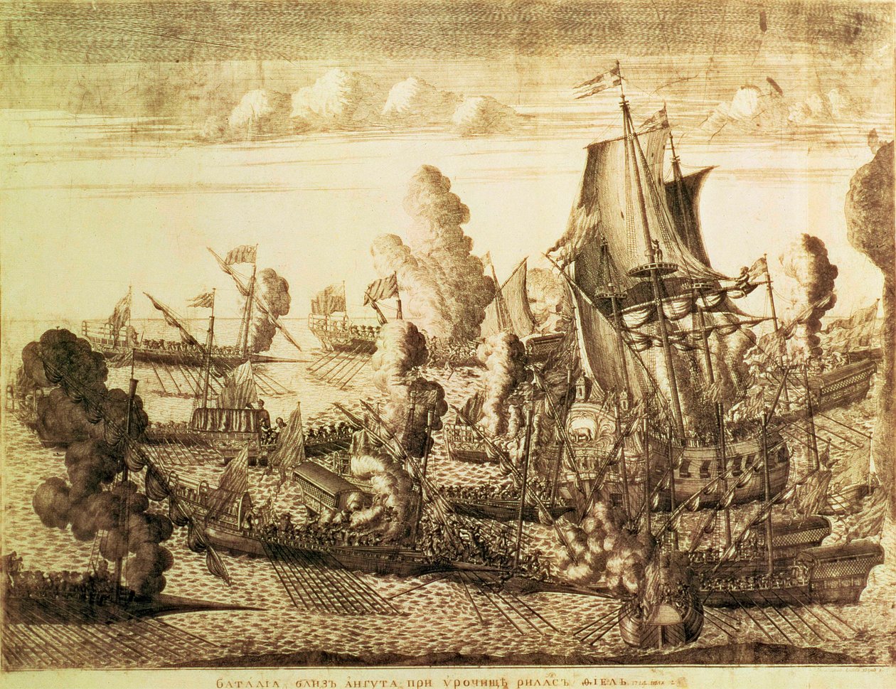 Csata a Gangut-foknál (Hanko) 1714. július 25-én, 1715. július 25-én (metszet metszet) alkotó: Alexei Fyodorovich Zubov