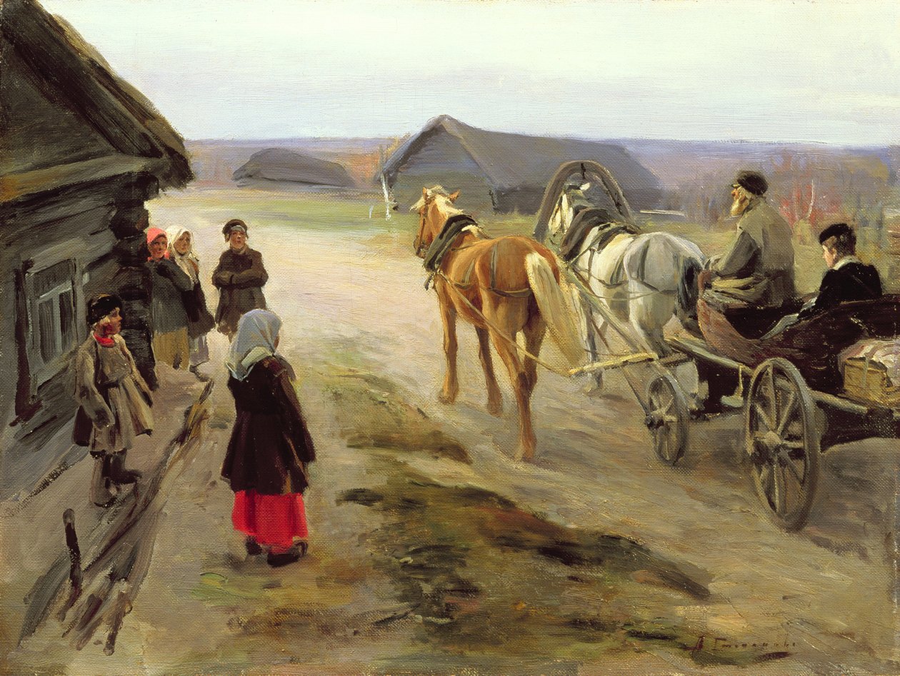Egy iskolaúrnő érkezése a vidékre, 1908-1914 körül alkotó: Alexei Steipanovitch Stepanov
