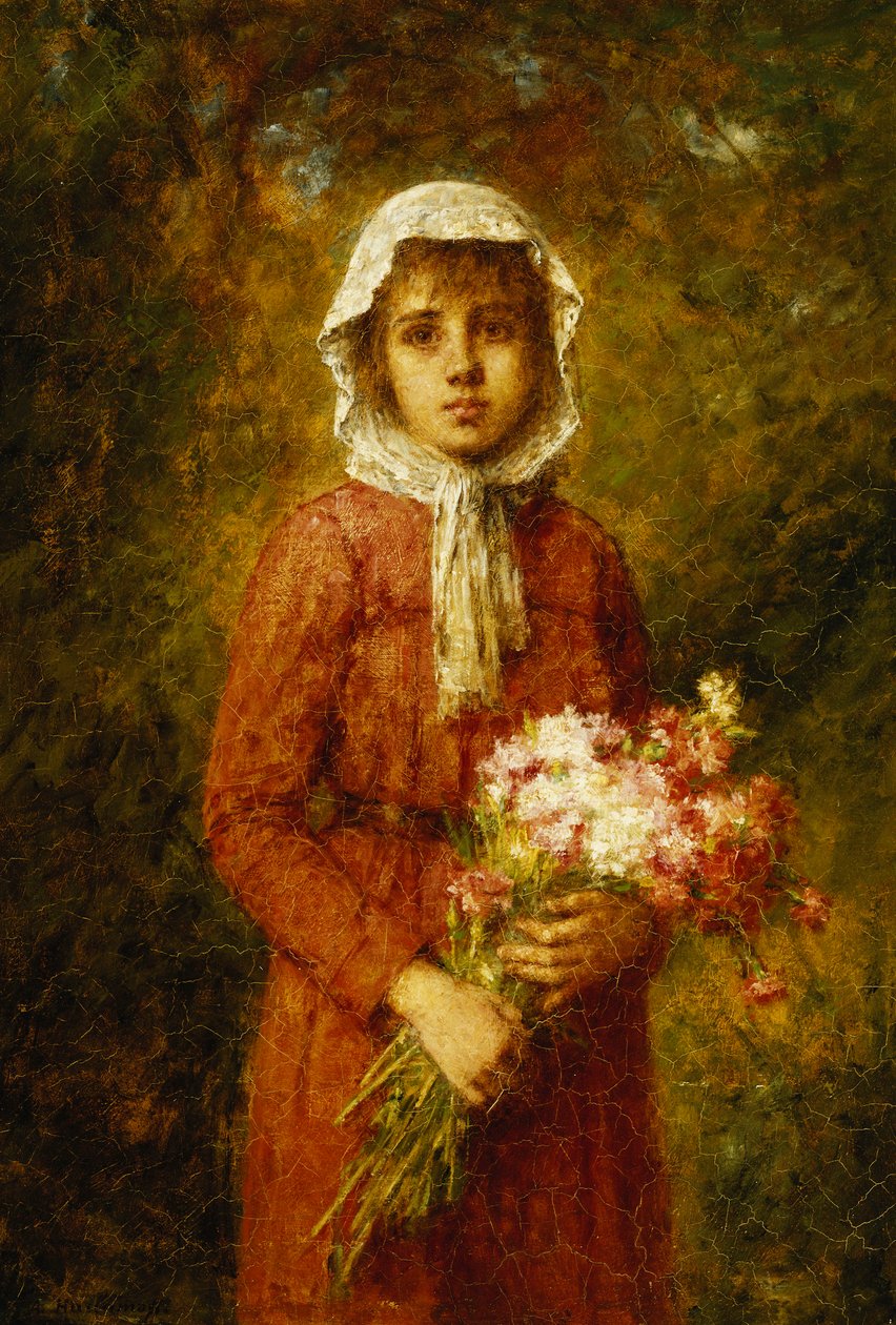 Egy fiatal lány virágcsokrot tart, alkotó: Alexei Alexevich Harlamoff