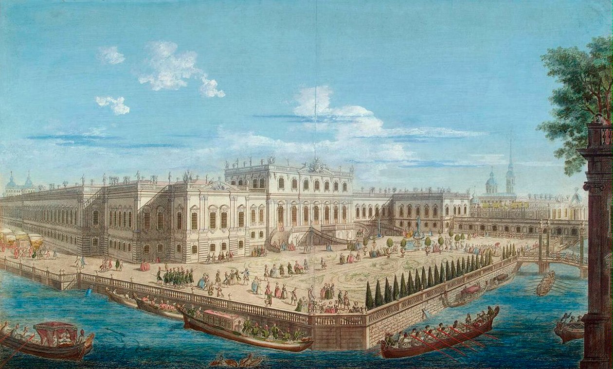 Kilátás Erzsébet császárné nyári palotájára a Fontanka folyónál, Szentpéterváron, 1753. alkotó: Alexei Angileevich Grekov