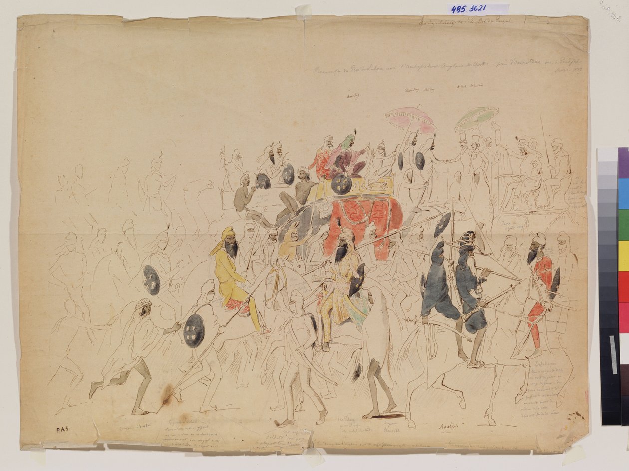 Sher Singh maharadzsa (1807-1843) pandzsábi (India) és Clark brit nagykövet (?) találkozása 1842-ben. Alekszej Dmitrijevics Saltykov (1806-1859) munkája, ceruza, akvarell és tus papíron alkotó: Alexei Dmitrievich Saltykov