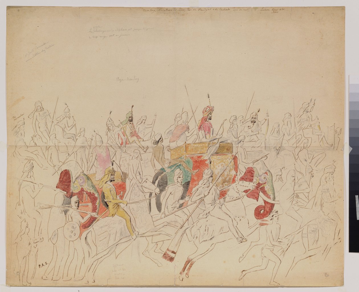 Maharaja Sher Singh (1807-1843) Pandzsábból (India) és udvara. Alekszej Dmitrijevics Saltykov (1806-1859) munkája, akvarell ceruza és tus papíron alkotó: Alexei Dmitrievich Saltykov