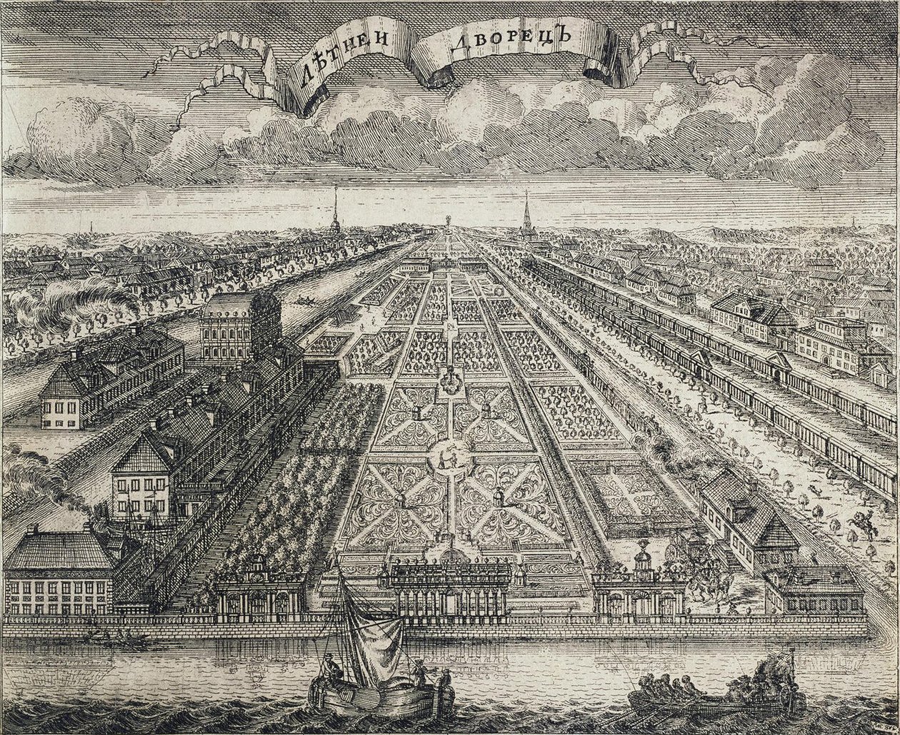 Kilátás a nyári kertekre a Néva folyó felől, 1717 alkotó: Alexei Fyodorovich Zubov