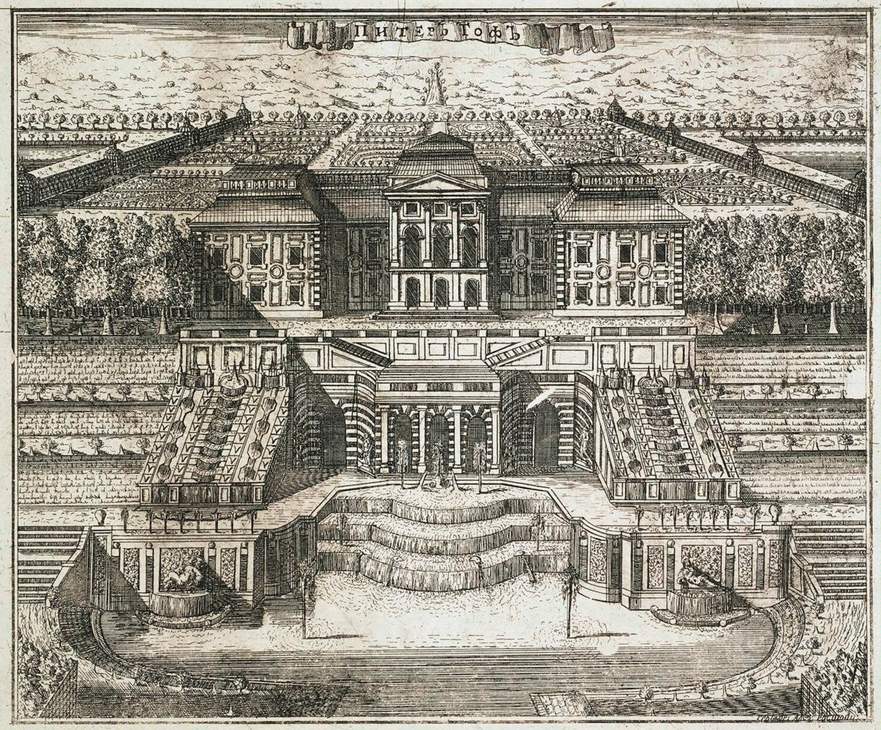 Kilátás a nagy palotára Peterhofban, 1717. alkotó: Alexei Ivanovich Rostovtsev