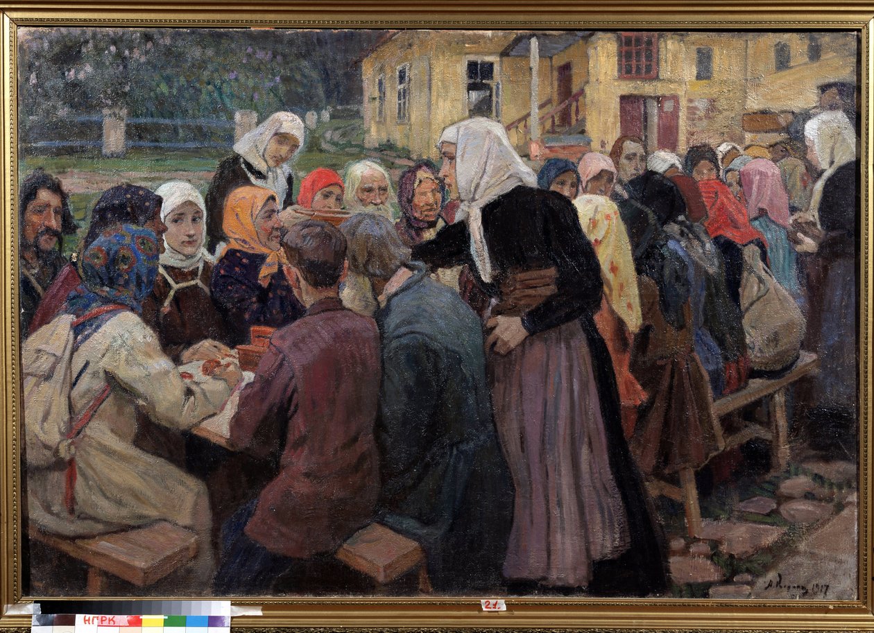 A fogás. A kertben felállított hosszú asztal, hogy ebédet szolgáljanak fel a tömegnek, az ügyeletes asszonyok fehér kendőt viselnek. Alekszej Mihajlovics Korin (Korine) (1865-1923) festménye, olaj, vászon alkotó: Alexei Mikhailovich Korin