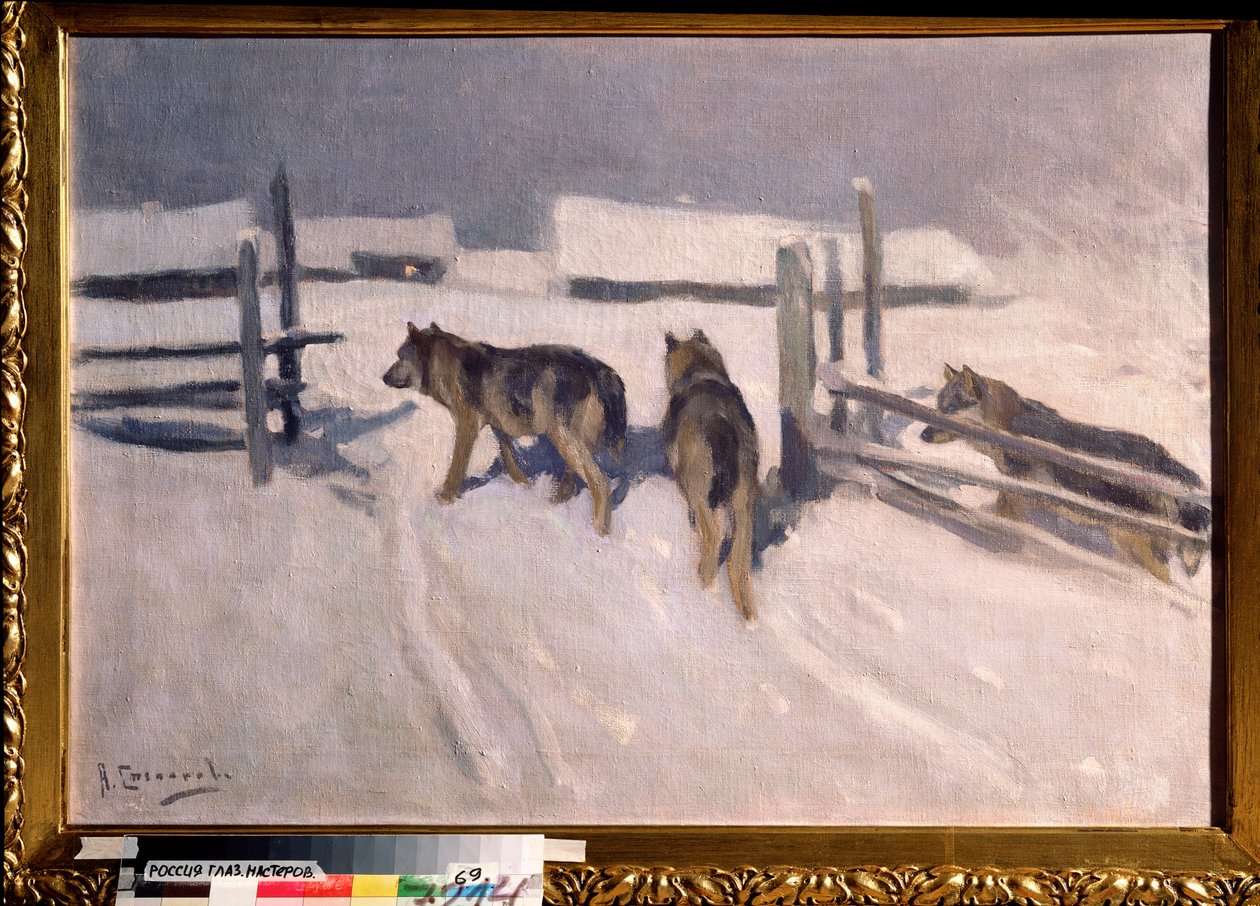Farkasok, téli éjszaka (Farkasok, Téli éjszaka) - Alekszej Sztyepanovics Sztyepanov (1858-1923) festménye, olaj, vászon, 1910 körül, orosz művészet, XX. század eleje - Magángyűjtemény alkotó: Alexei Steipanovitch Stepanov