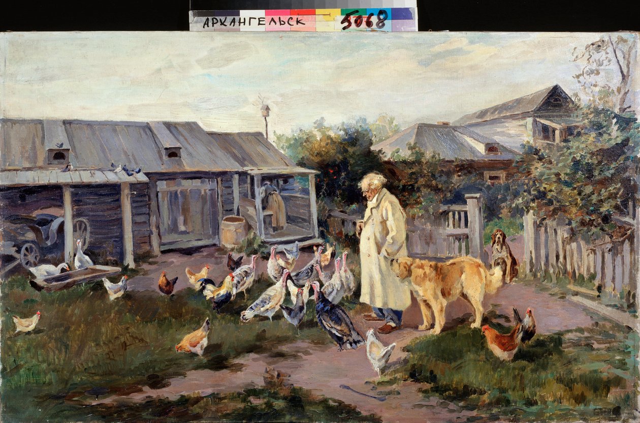 Reggeli üdvözlet – Tanyasi állatok vesznek körül egy gazdát – Alekszej Sztepanovics Sztyepanov (1858-1923) festménye, olaj, vászon, 1890 vége, orosz művészet alkotó: Alexei Steipanovitch Stepanov