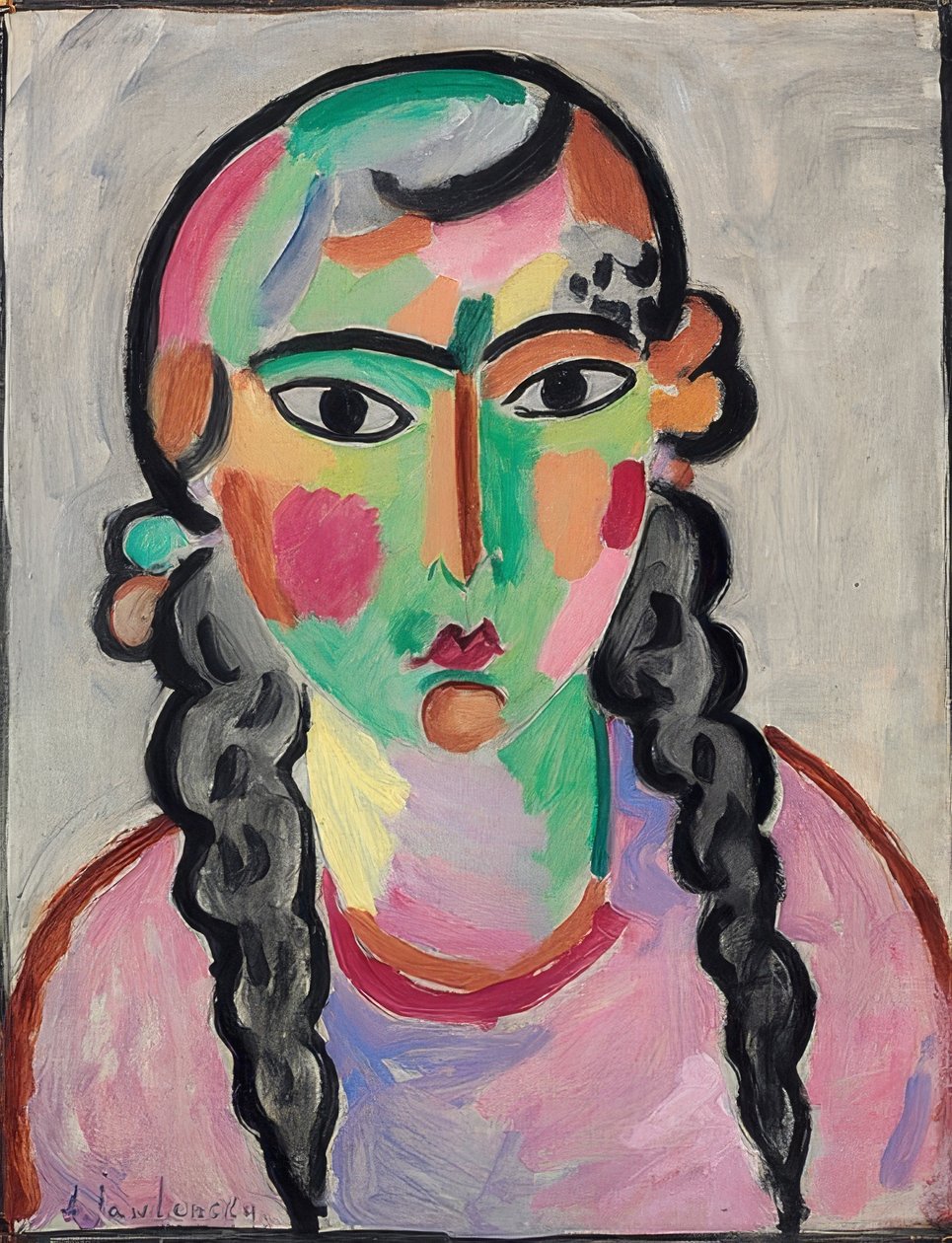 A sápadt lány szürke copfokkal. 1916 körül alkotó: Alexej von Jawlensky