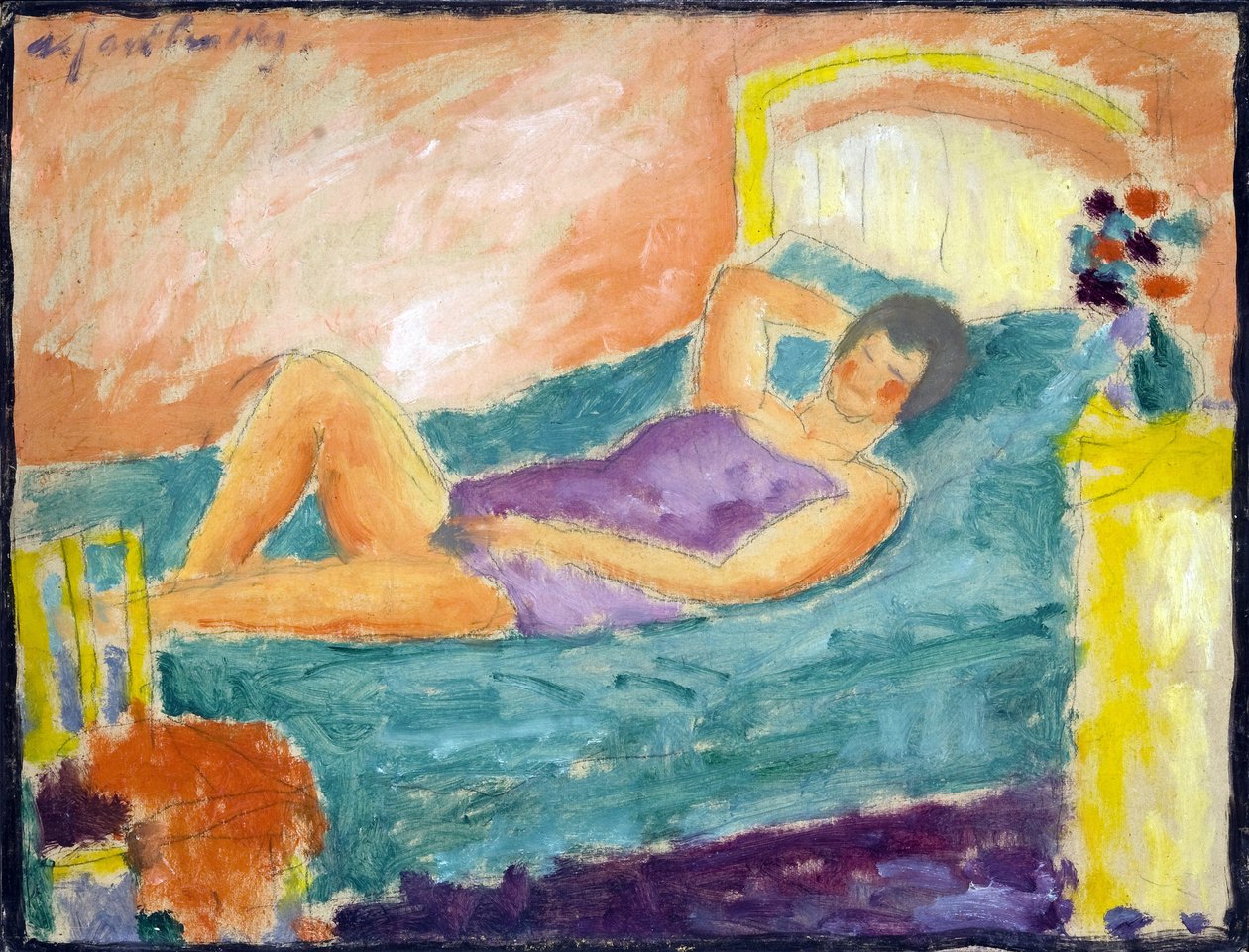 A lány lefekszik. (A hazug lány). Alexei von Javlensky (Alexi von Jawlensky, Alexej von Javlenski) (1864-1941) munkája. olaj a kartonra alkotó: Alexej von Jawlensky