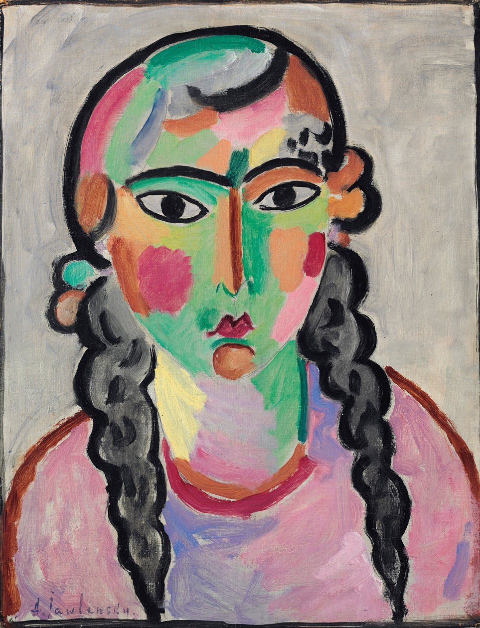 La fille pale aux tresses grises – A sápadt lány szürke pigtails, szerző: Alexej von Jawlensky (Jawlensky) (1864-1941). Olaj, papír, c. 1916. Mérete : 63,5x49,5 cm. Magángyűjtemény alkotó: Alexej von Jawlensky